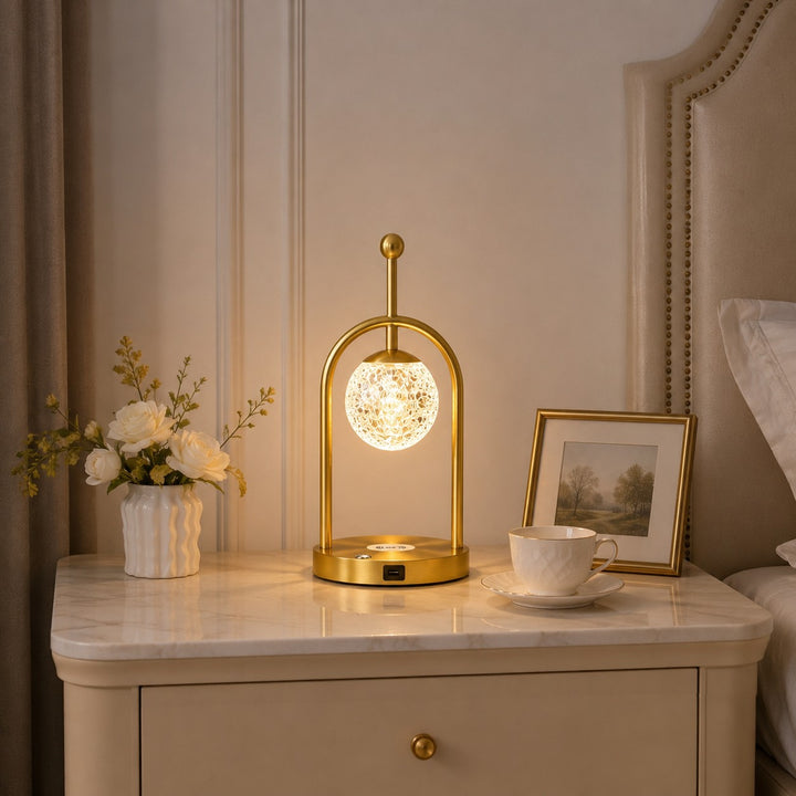 Aureo Brass Table Lamp with Wireless Charger for Bedroom