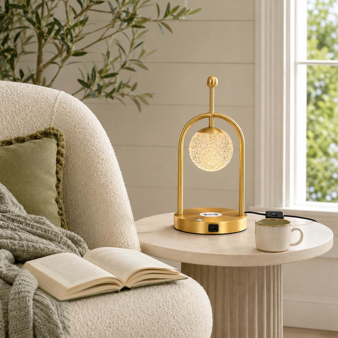 Aureo Brass Table Lamp with Wireless Charger for Bedroom