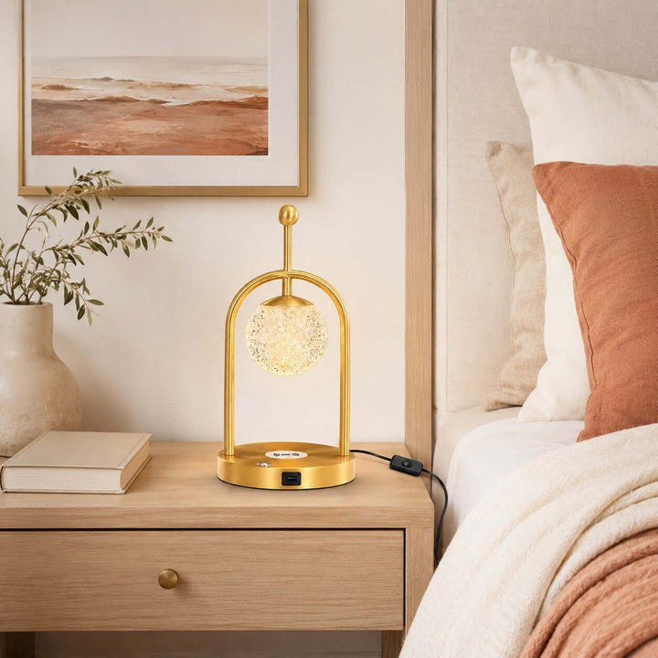 Aureo Brass Table Lamp with Wireless Charger for Bedroom