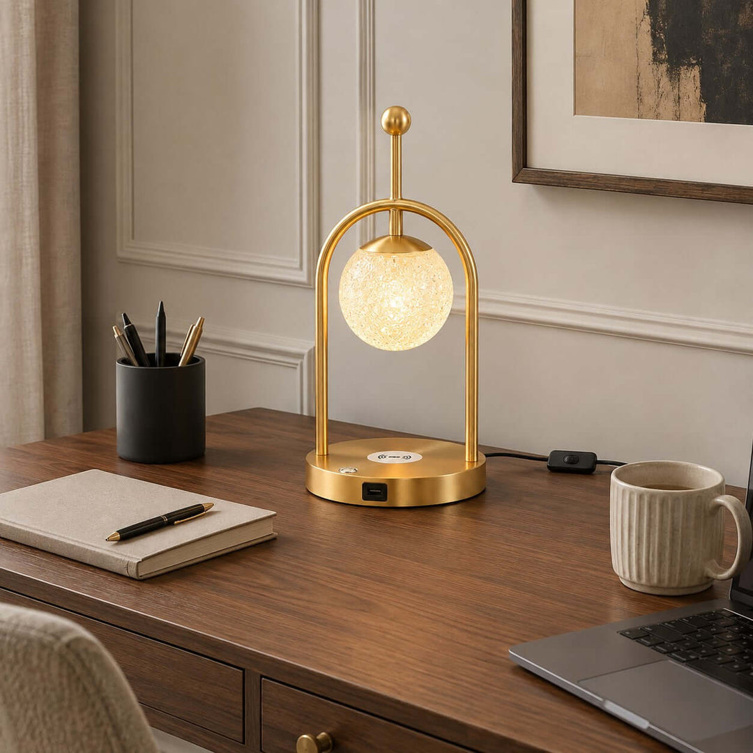 Aureo Brass Table Lamp with Wireless Charger for Bedroom