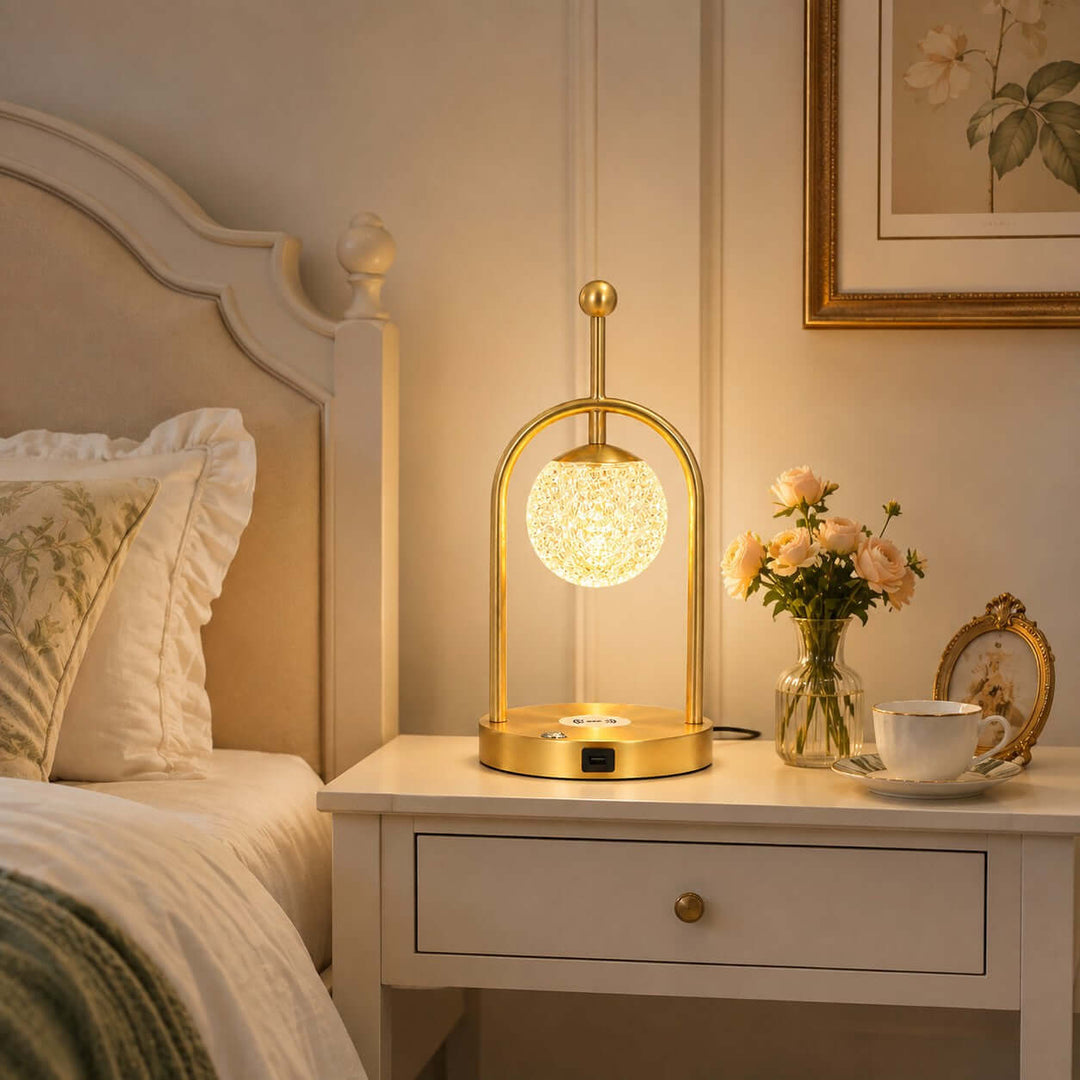 Aureo Brass Table Lamp with Wireless Charger for Bedroom