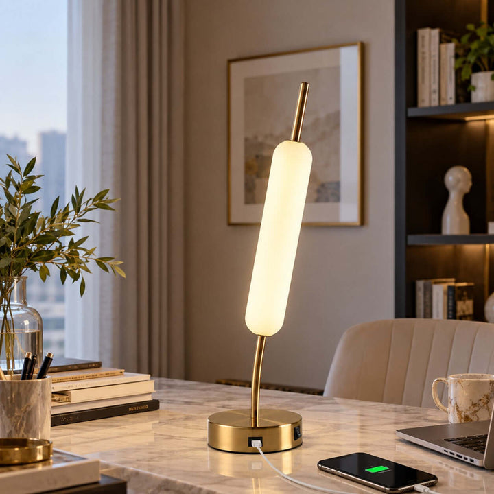 Avren Modern glass Table Lamp with USB Charging Port for Study Room
