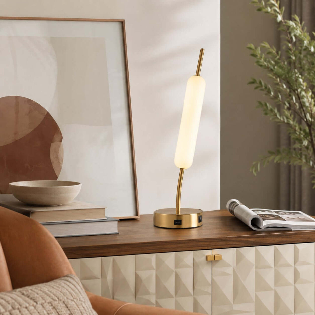 Avren Modern glass Table Lamp with USB Charging Port for Study Room