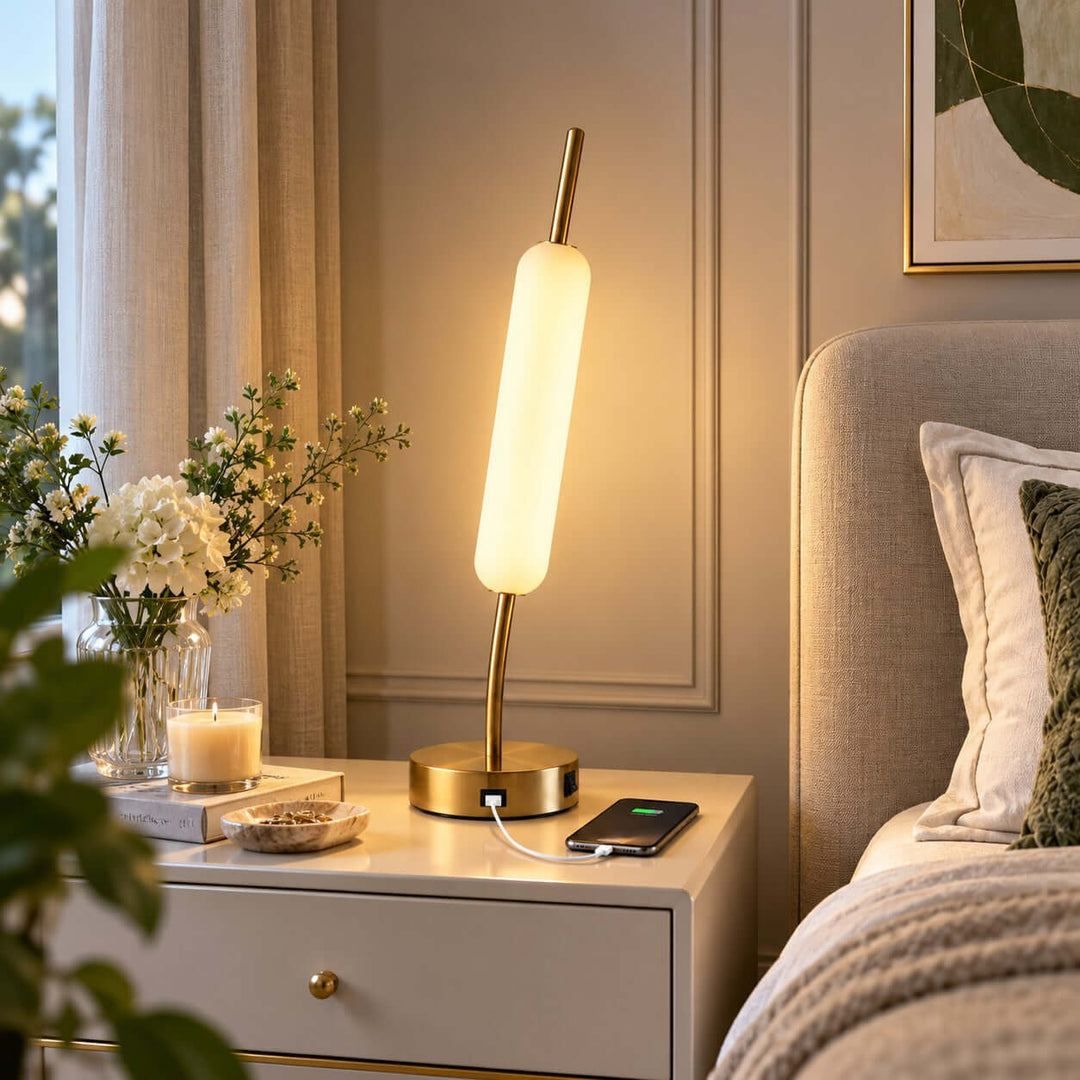 Avren Modern glass Table Lamp with USB Charging Port for Study Room