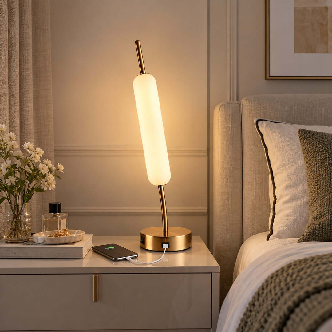 Avren Modern glass Table Lamp with USB Charging Port for Study Room