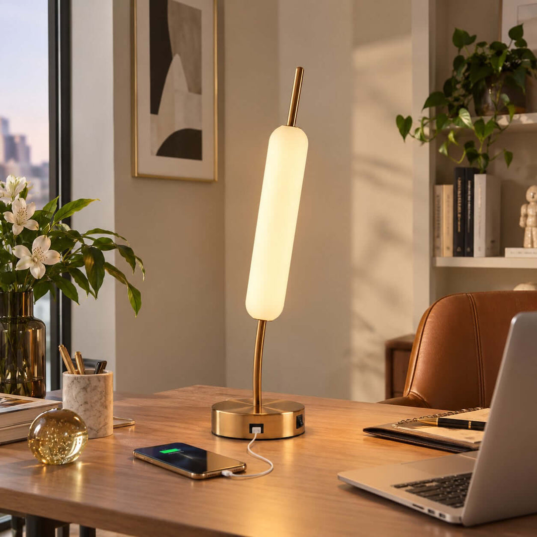 Avren Modern glass Table Lamp with USB Charging Port for Study Room