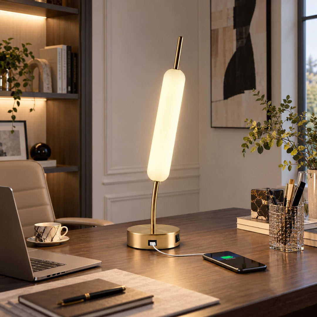 Avren Modern glass Table Lamp with USB Charging Port for Study Room