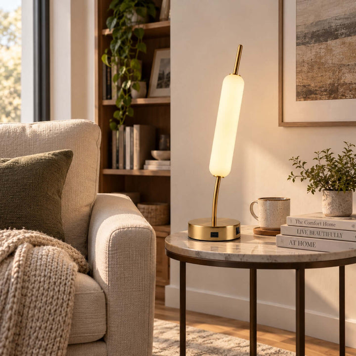 Avren Modern glass Table Lamp with USB Charging Port for Study Room