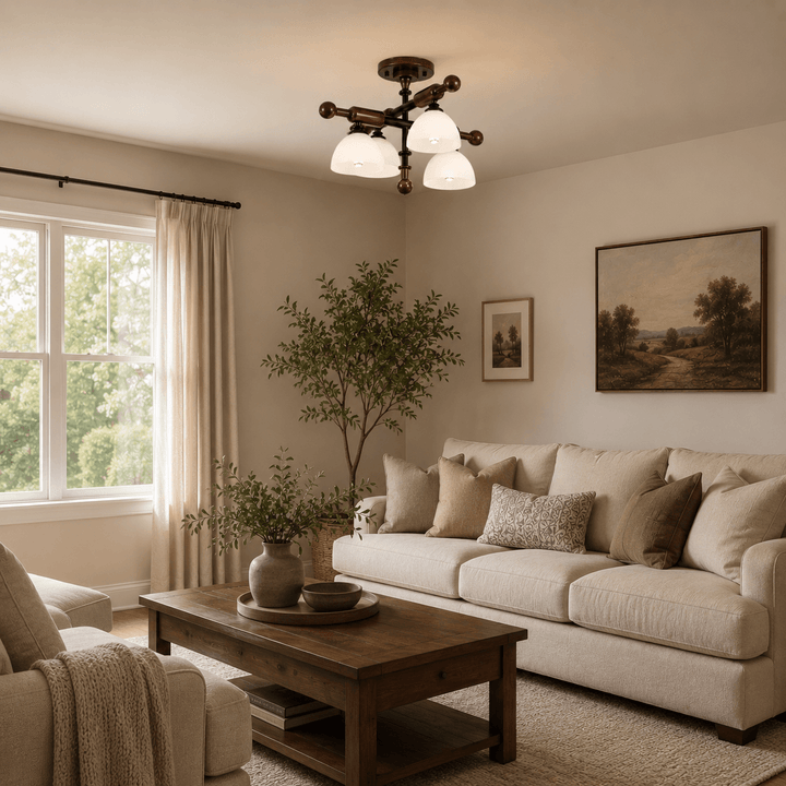 Brenlo Semi Flush Mount Light – Walnut Wood Glass Ceiling Fixture | Vinlighting