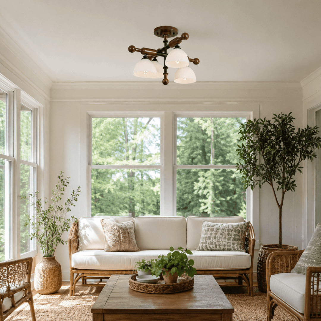 Brenlo Semi Flush Mount Light – Walnut Wood Glass Ceiling Fixture | Vinlighting