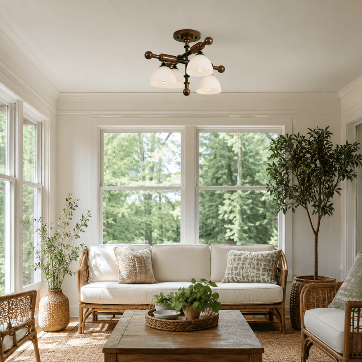 Brenlo Semi Flush Mount Light – Walnut Wood Glass Ceiling Fixture | Vinlighting
