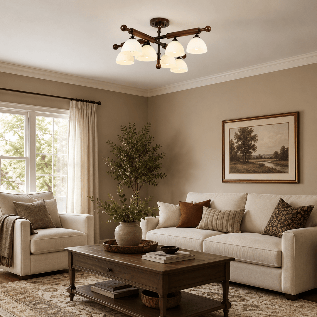 Brenlo Semi Flush Mount Light – Walnut Wood Glass Ceiling Fixture | Vinlighting