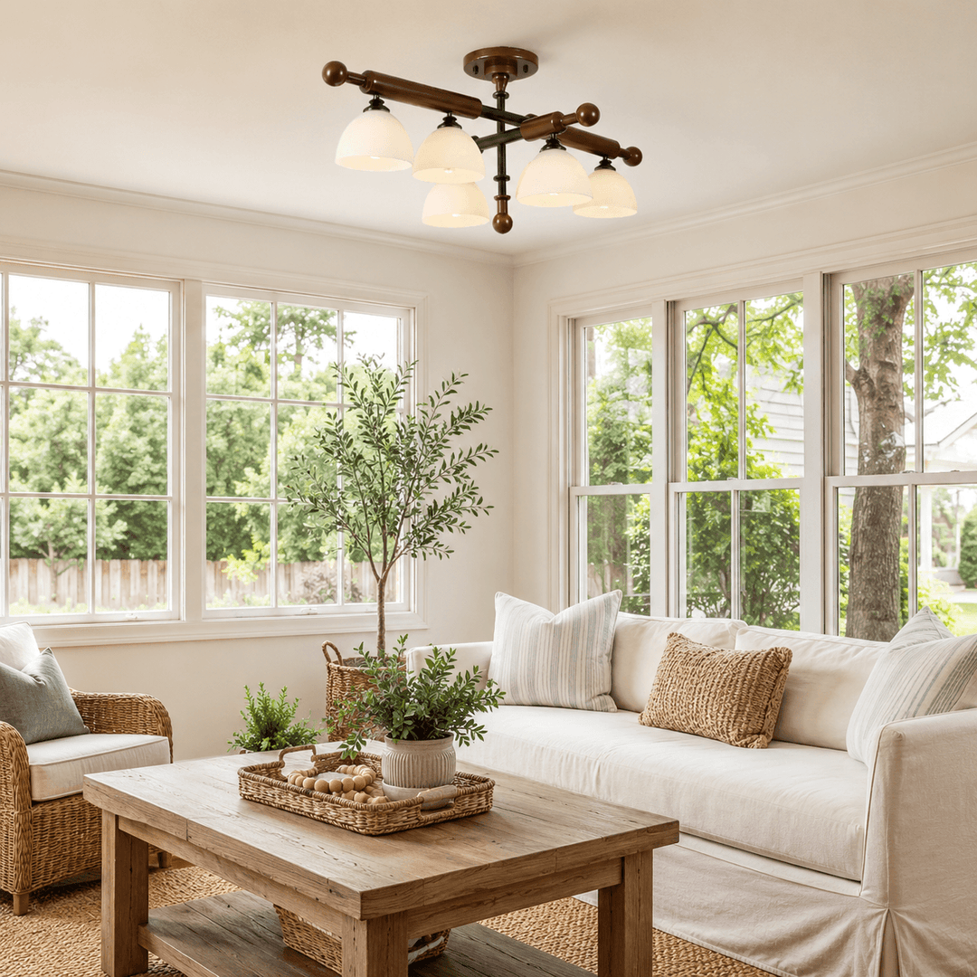 Brenlo Semi Flush Mount Light – Walnut Wood Glass Ceiling Fixture | Vinlighting