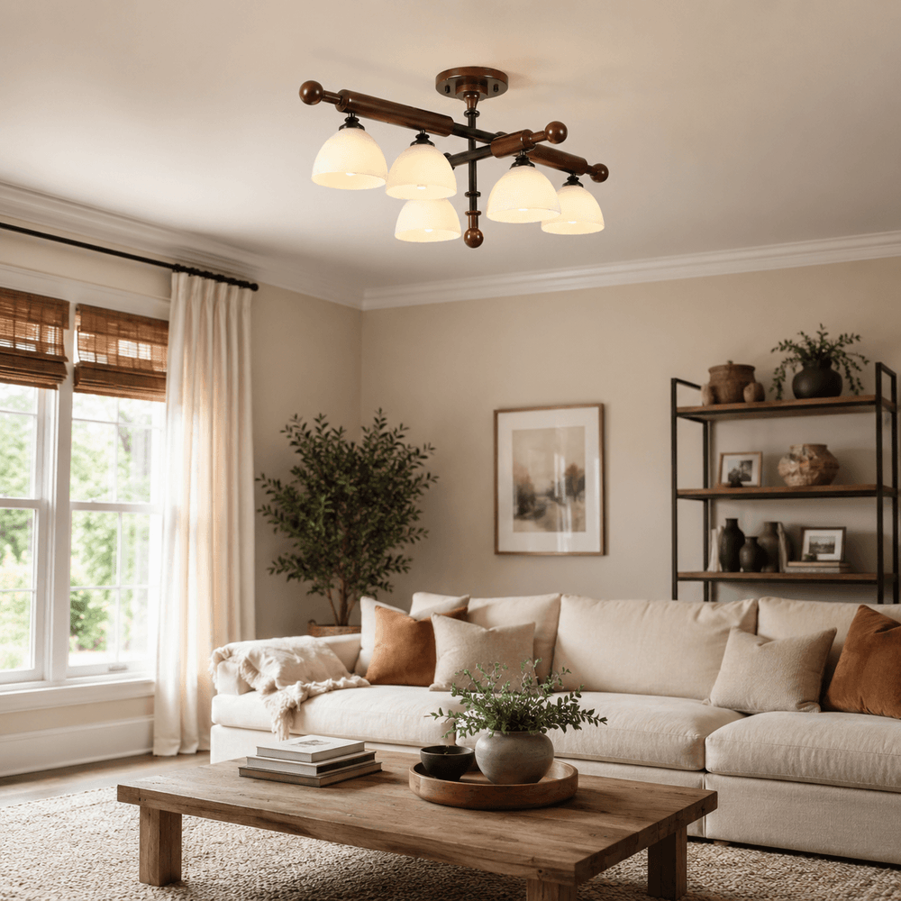 Brenlo Semi Flush Mount Light – Walnut Wood Glass Ceiling Fixture | Vinlighting