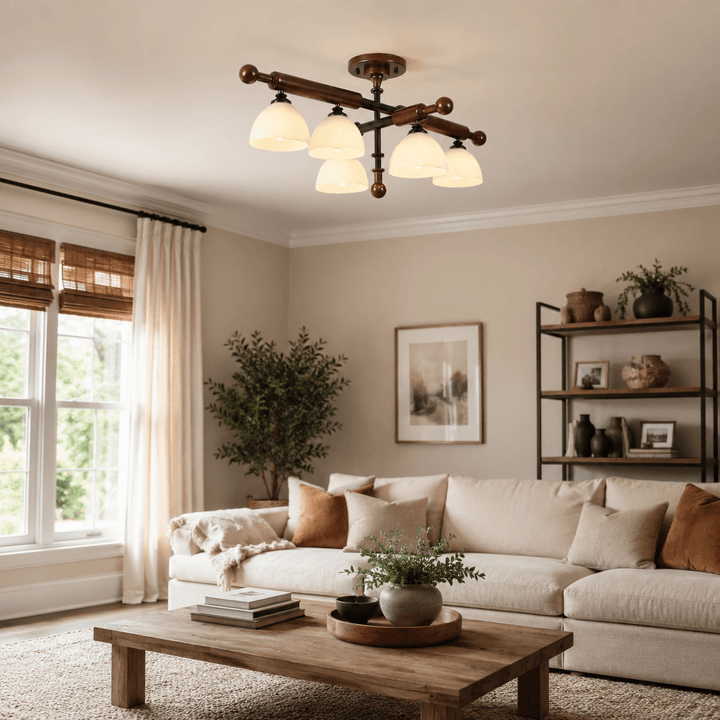 Brenlo Semi Flush Mount Light – Walnut Wood Glass Ceiling Fixture | Vinlighting
