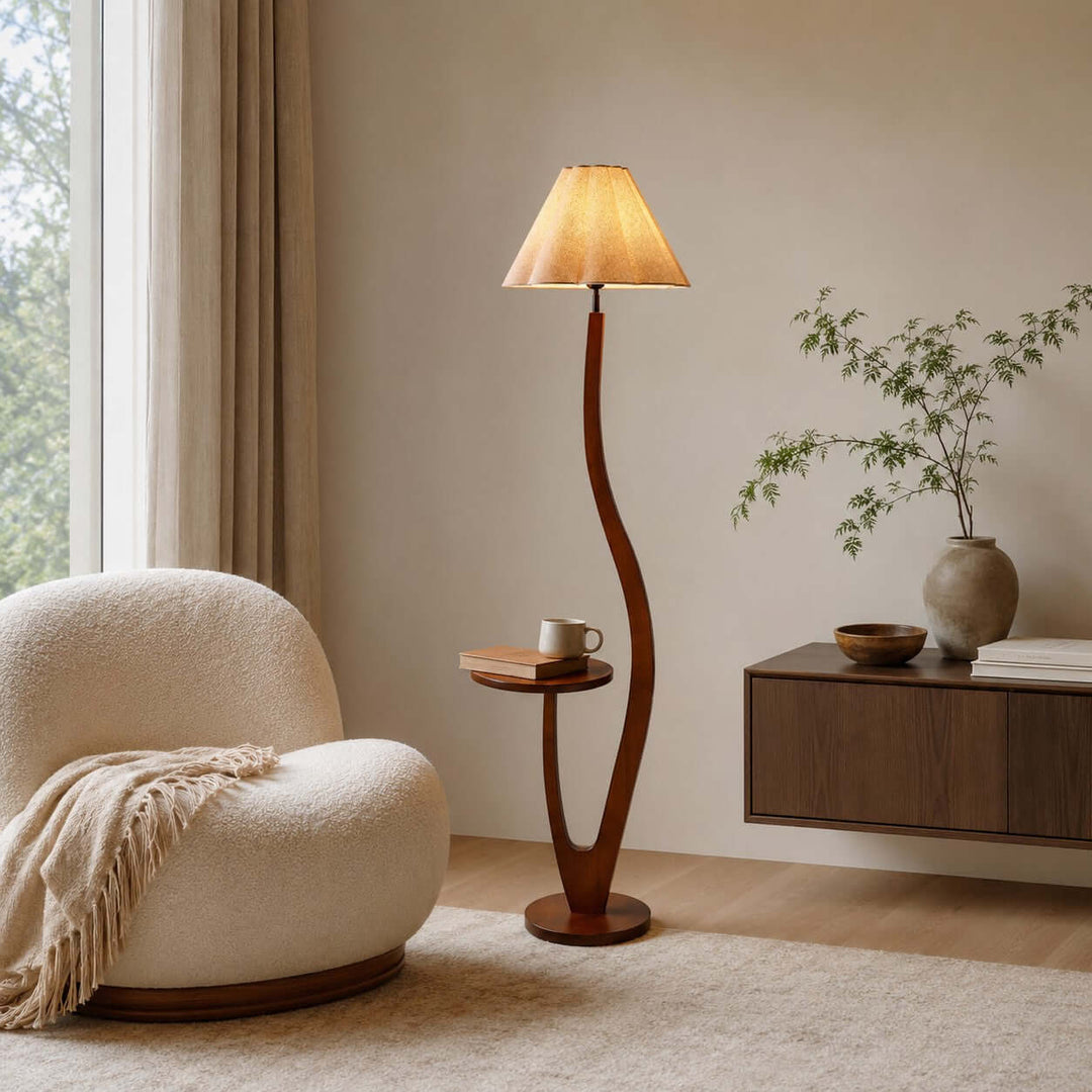 Brynor Modern Wood Floor Lamp with Tray Table &amp; Fabric Shade