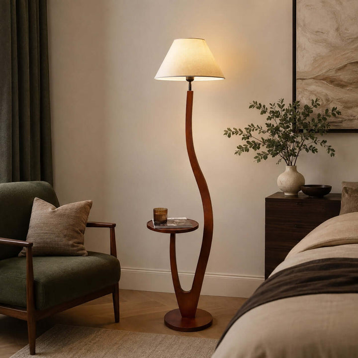 Brynor Modern Wood Floor Lamp with Tray Table &amp; Fabric Shade