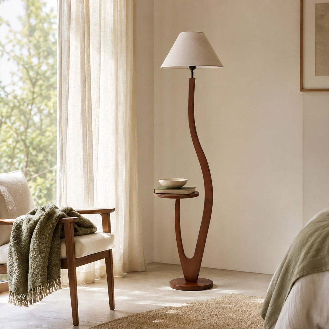 Brynor Modern Wood Floor Lamp with Tray Table &amp; Fabric Shade