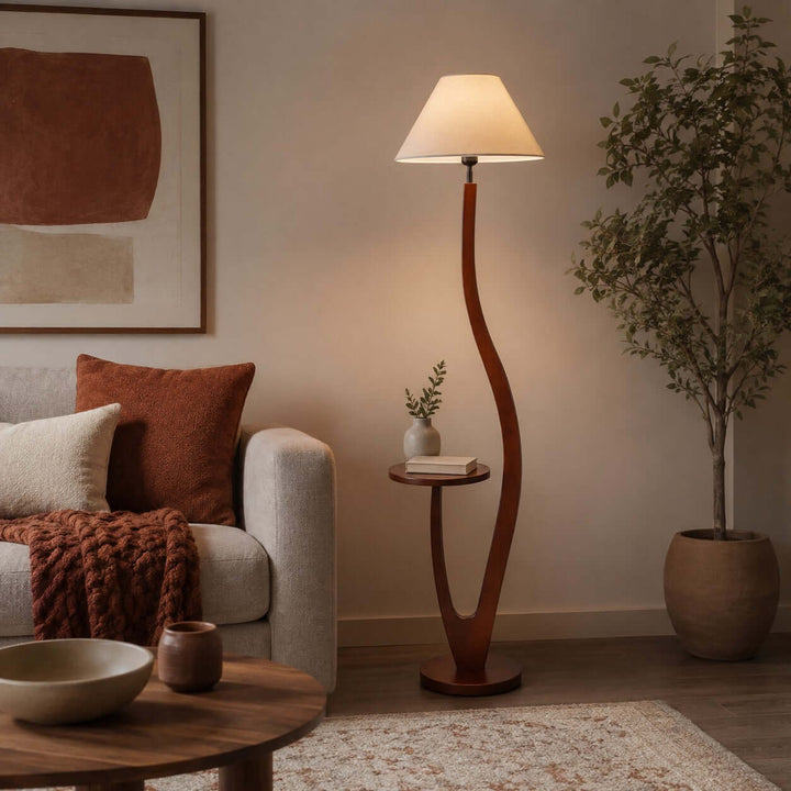 Brynor Modern Wood Floor Lamp with Tray Table &amp; Fabric Shade