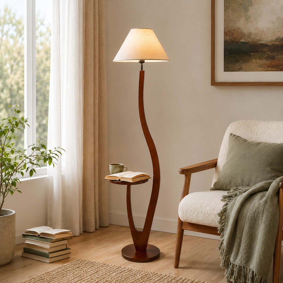 Brynor Modern Wood Floor Lamp with Tray Table &amp; Fabric Shade