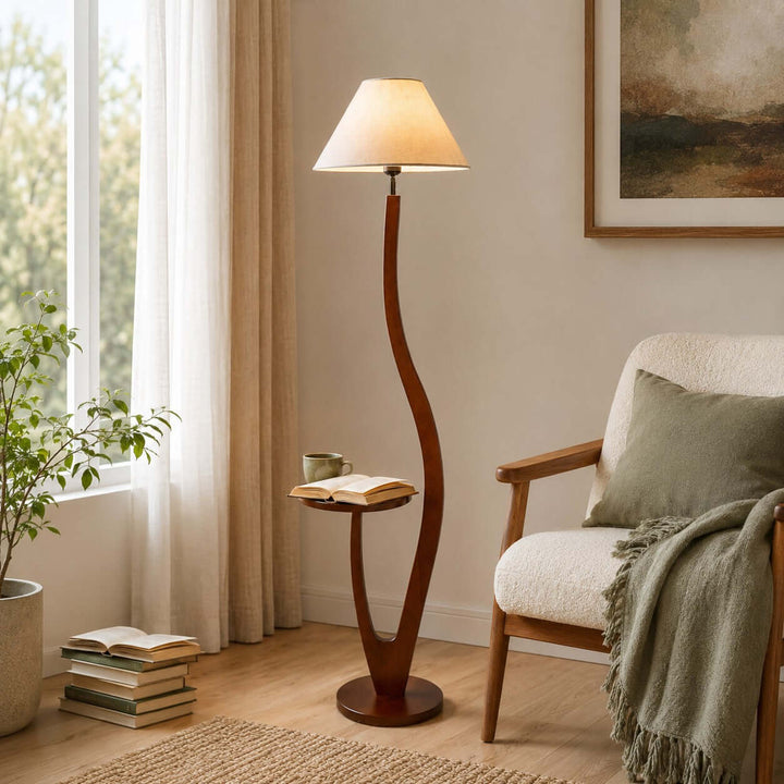 Brynor Modern Wood Floor Lamp with Tray Table &amp; Fabric Shade