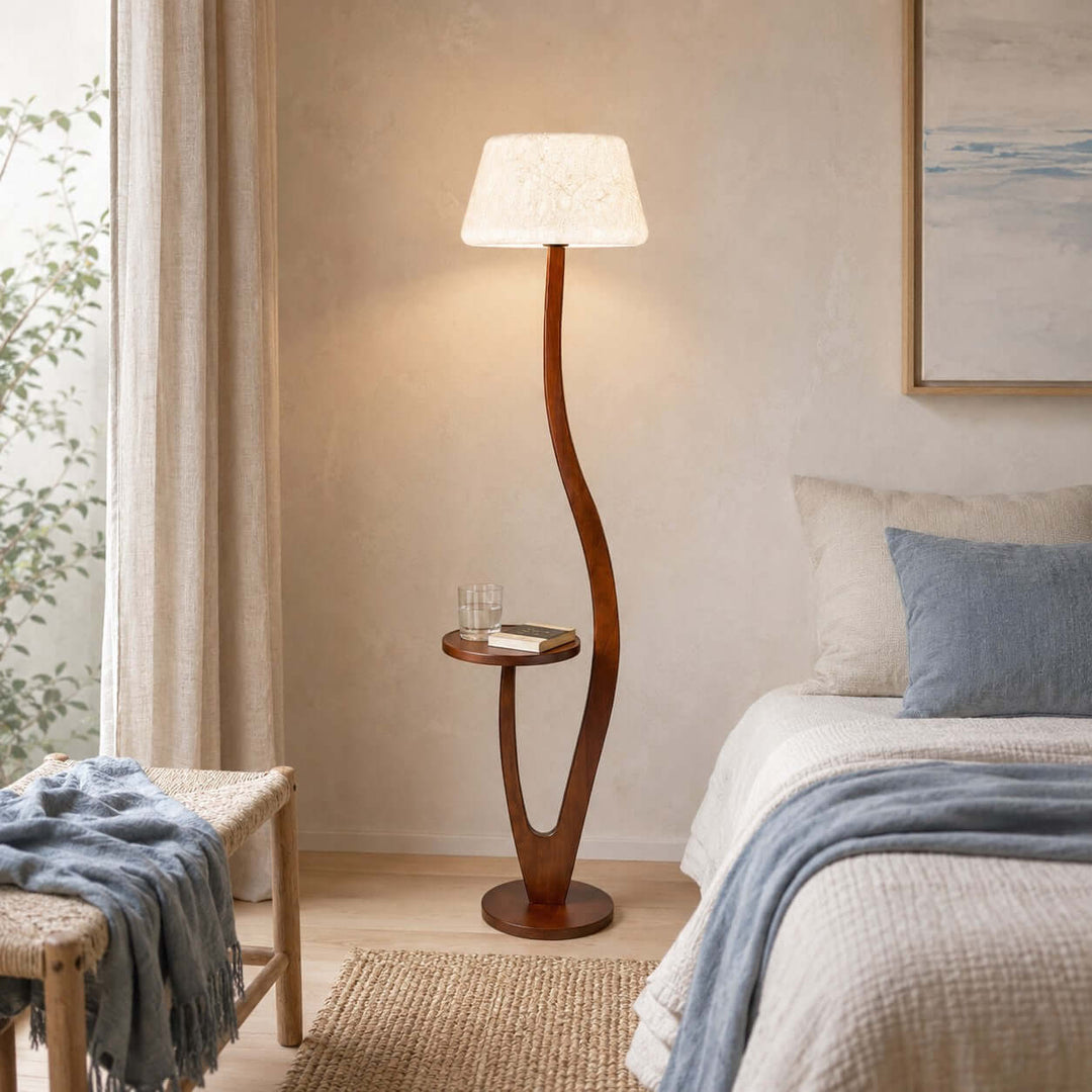 Brynor Modern Wood Floor Lamp with Tray Table &amp; Fabric Shade