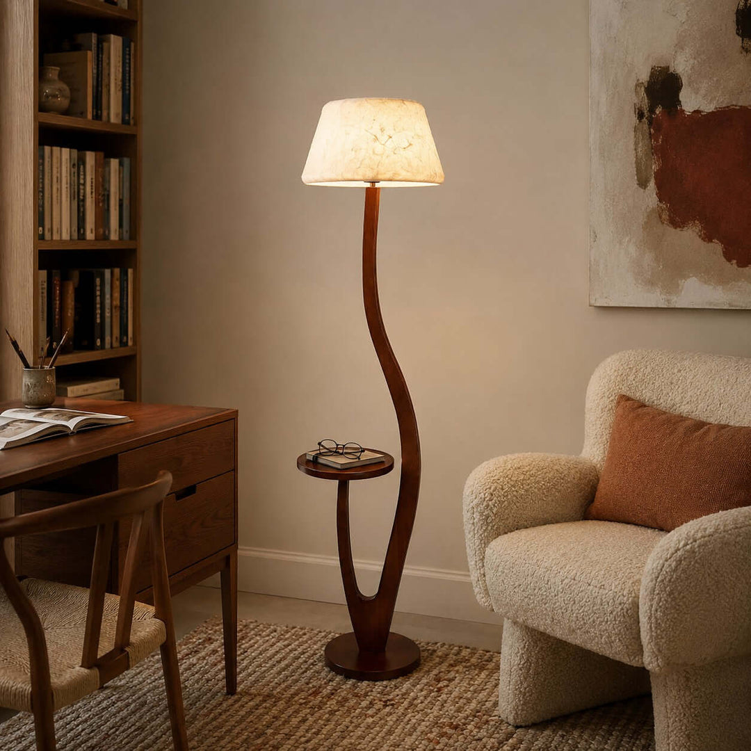 Brynor Modern Wood Floor Lamp with Tray Table &amp; Fabric Shade