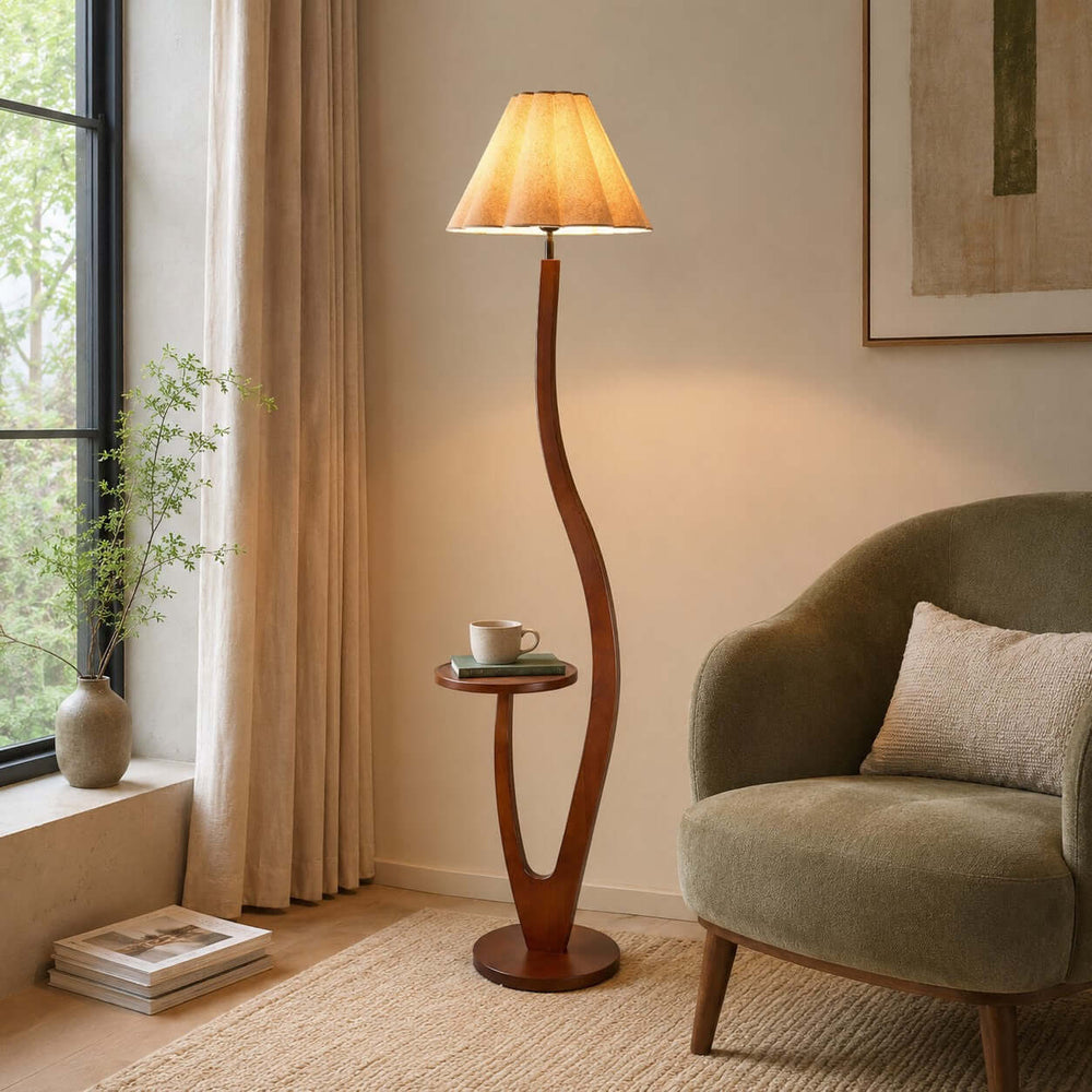 Brynor Modern Wood Floor Lamp with Tray Table & Fabric Shade