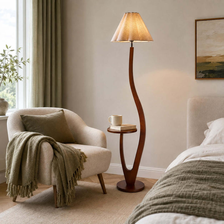 Brynor Modern Wood Floor Lamp with Tray Table &amp; Fabric Shade