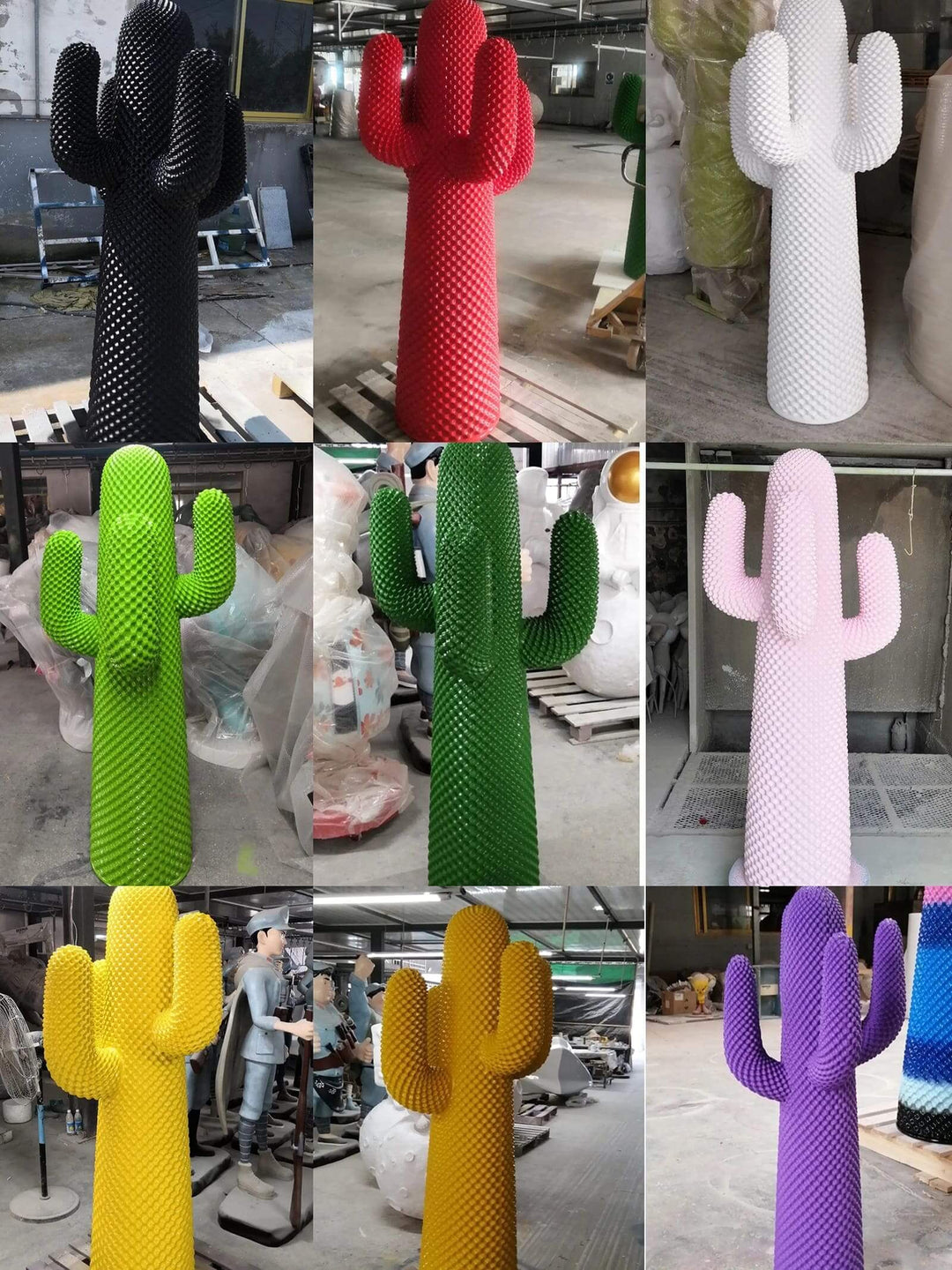 Colorful cactus sculptures in various shades, ideal for modern decor as sculptural floor lamps.