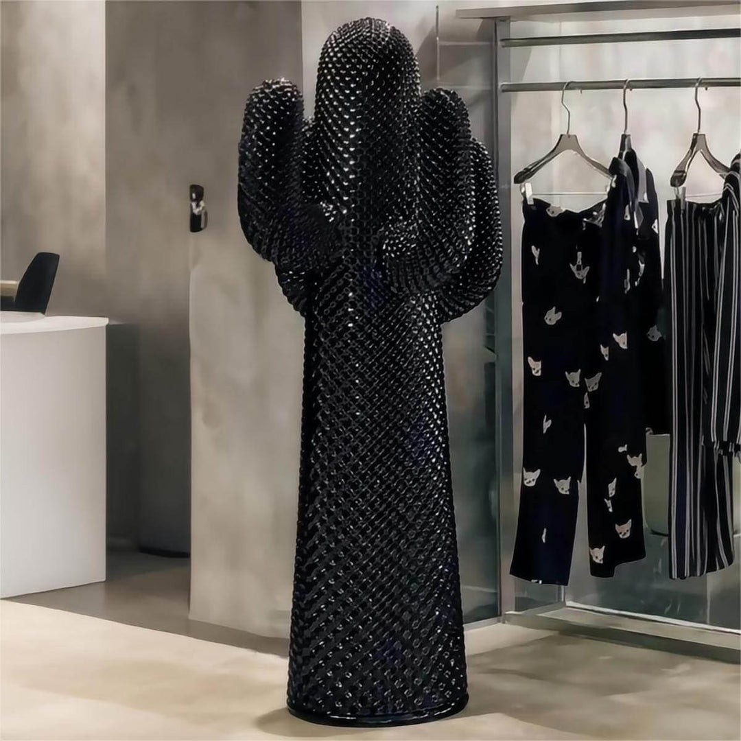 Black cactus sculpture floor lamp, artistic decor piece for modern living spaces or retail displays.