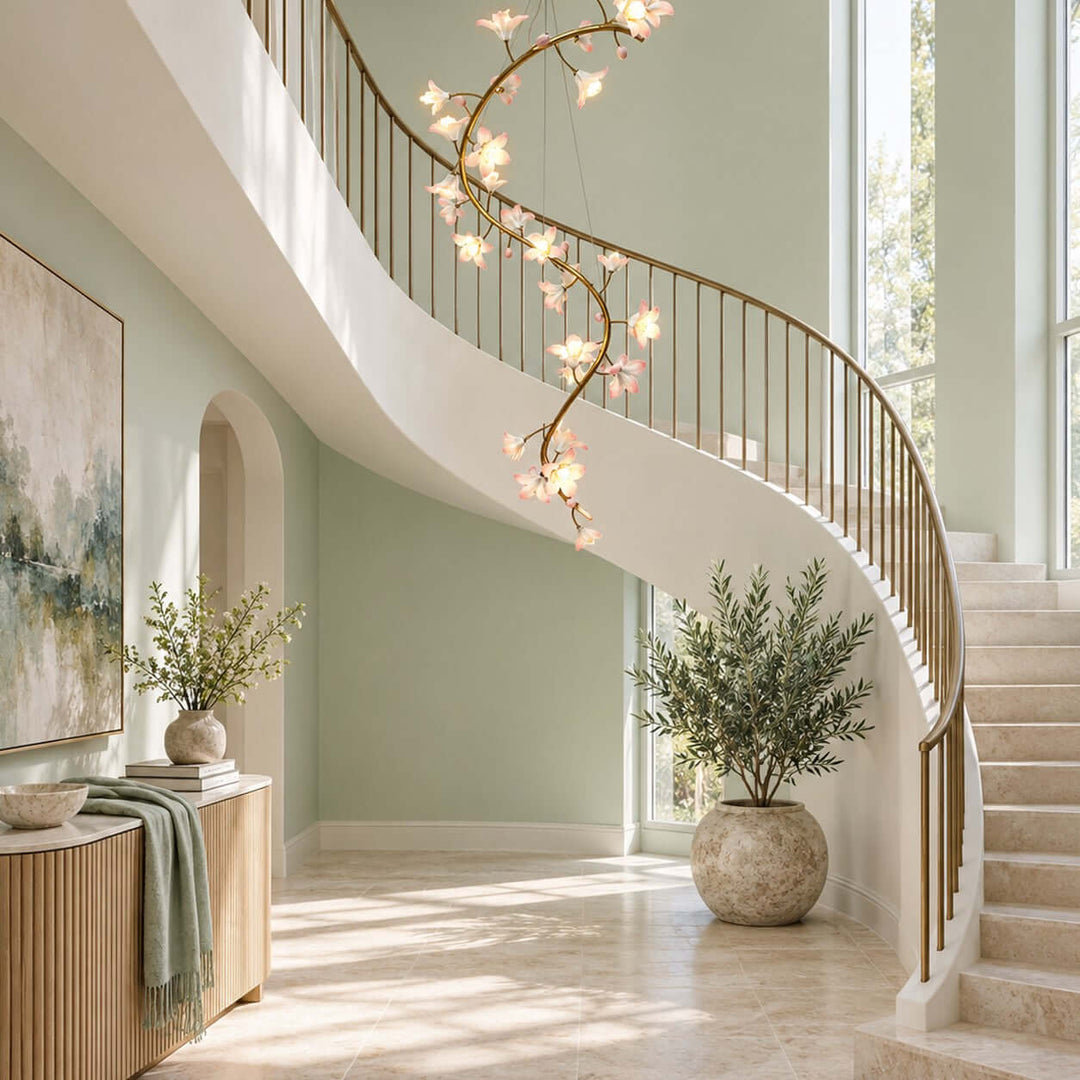 Calanthe Modern Brass Ceramic Floral Chandelier for Staircases