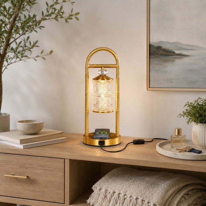 Calira Brass-Tone Table Lamp with Wireless and USB Charging