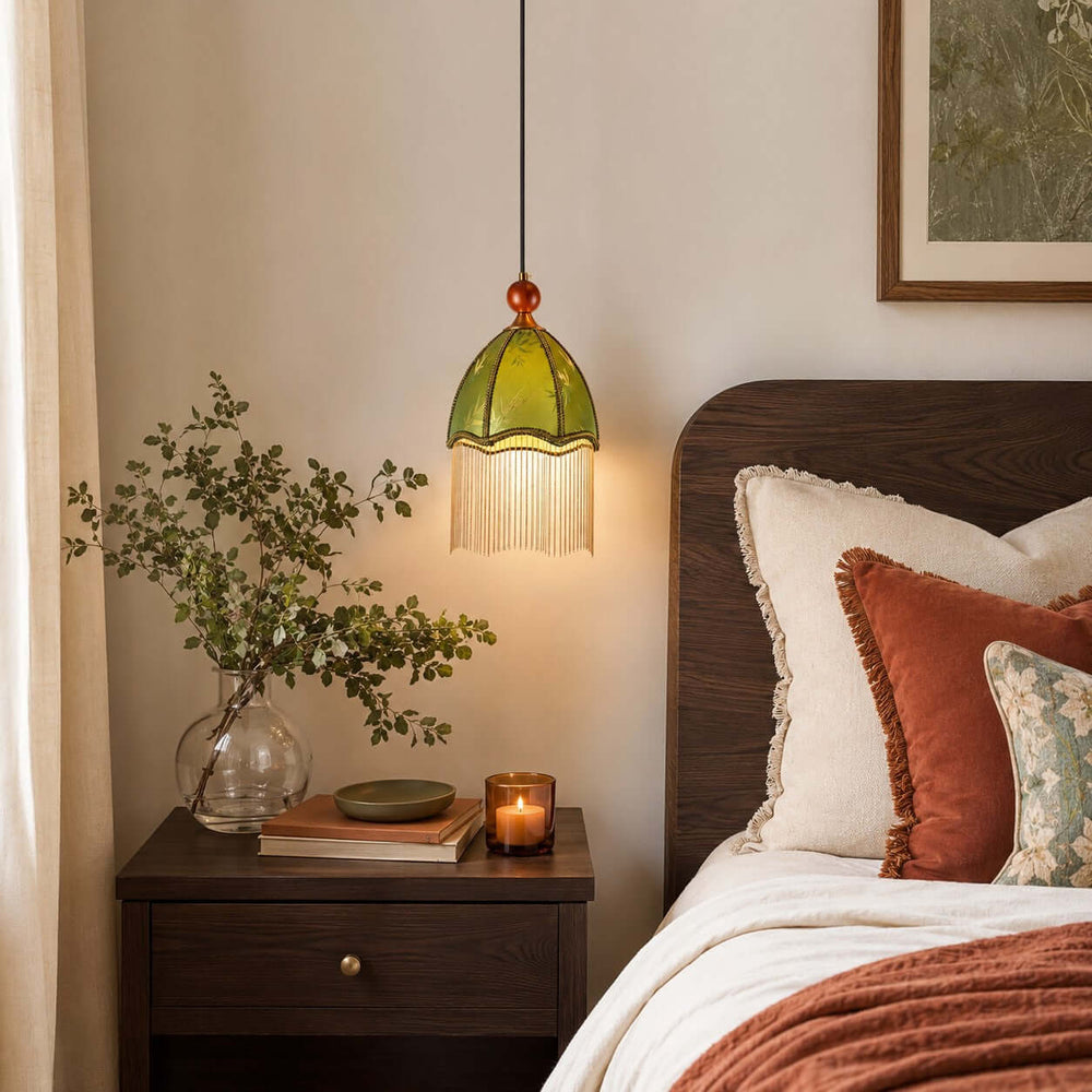 Calista Vintage Green Fabric Fringe Pendant Light for Bedroom