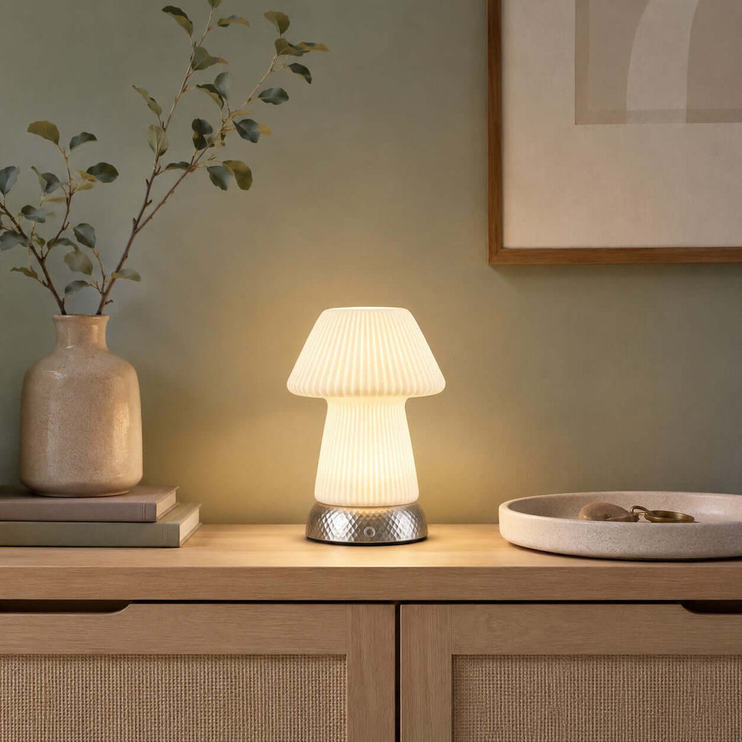 Cavori Rechargeable Ceramic Mushroom Table Lamp with Touch Dimmer