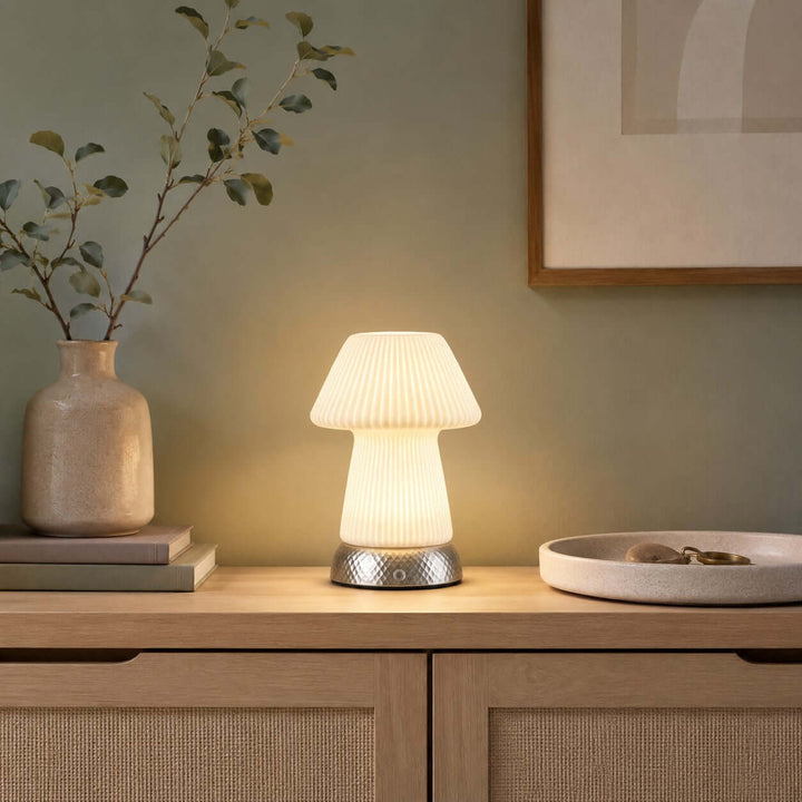 Cavori Rechargeable Ceramic Mushroom Table Lamp with Touch Dimmer