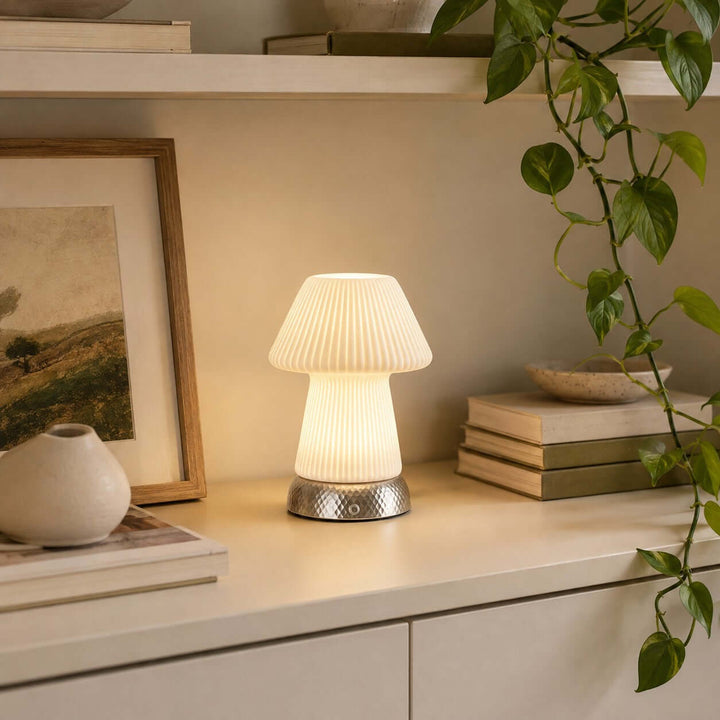 Cavori Rechargeable Ceramic Mushroom Table Lamp with Touch Dimmer