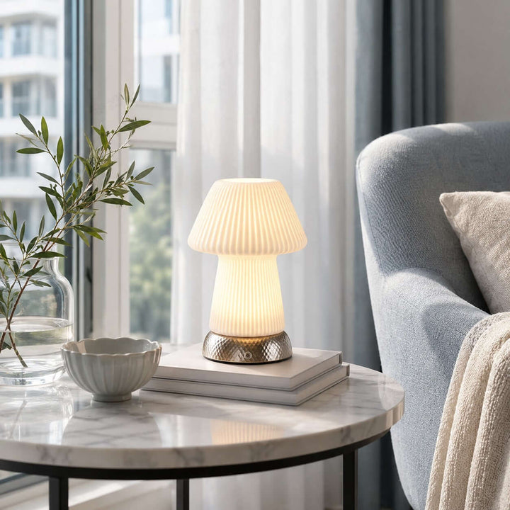Cavori Rechargeable Ceramic Mushroom Table Lamp with Touch Dimmer