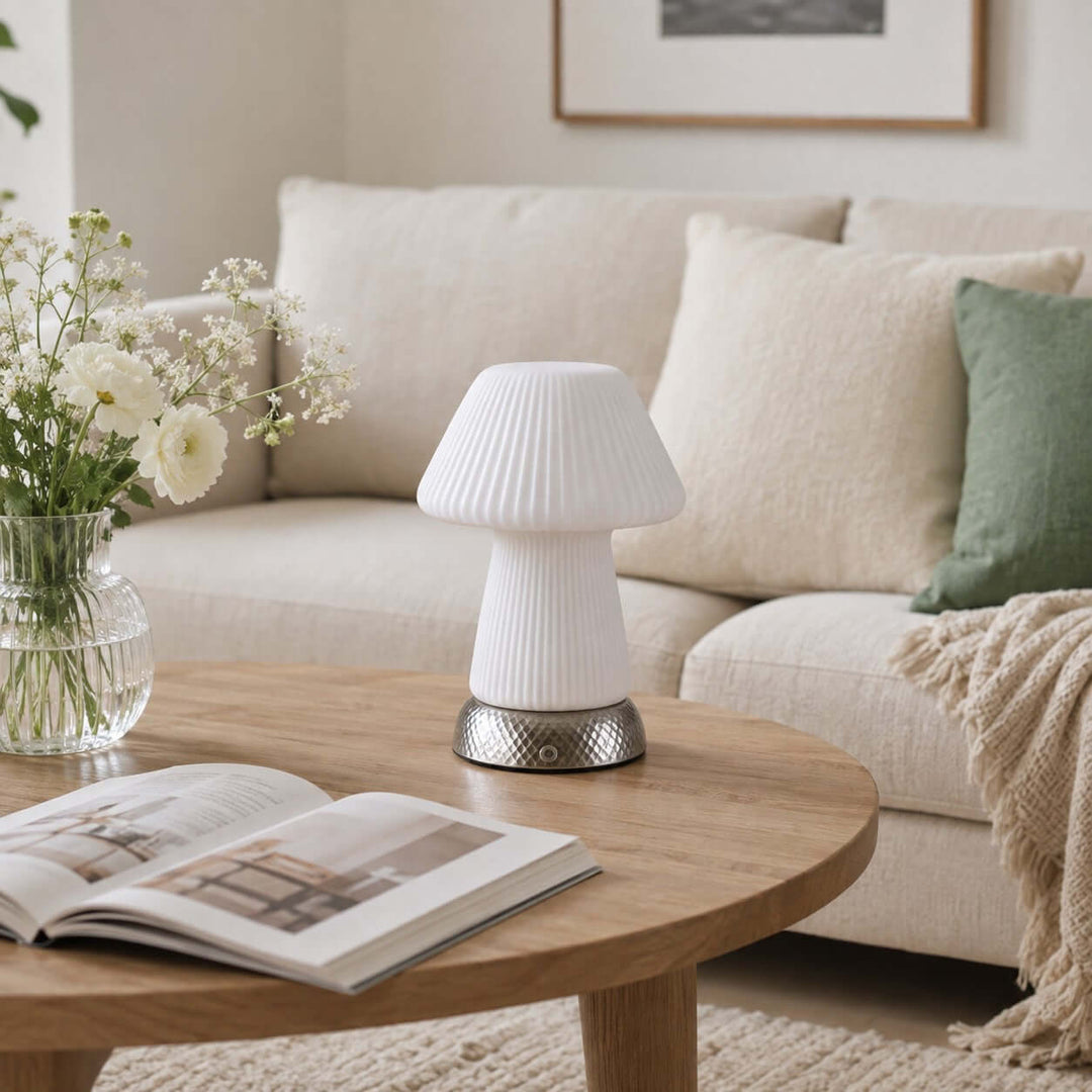 Cavori Rechargeable Ceramic Mushroom Table Lamp with Touch Dimmer