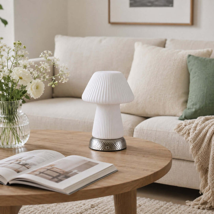 Cavori Rechargeable Ceramic Mushroom Table Lamp with Touch Dimmer