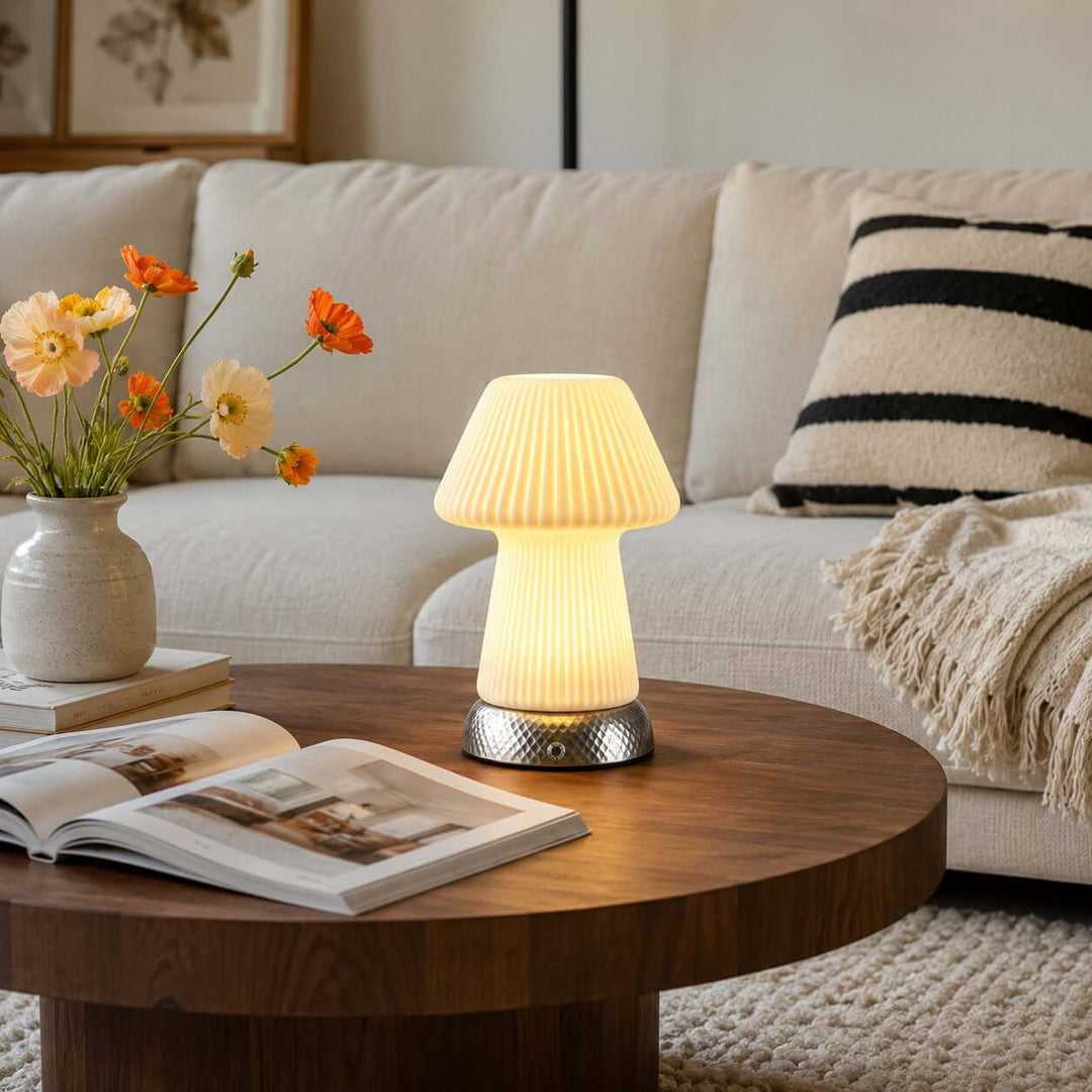 Cavori Rechargeable Ceramic Mushroom Table Lamp with Touch Dimmer