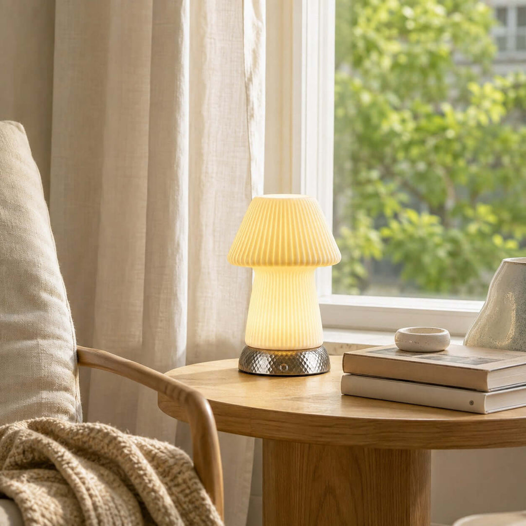 Cavori Rechargeable Ceramic Mushroom Table Lamp with Touch Dimmer