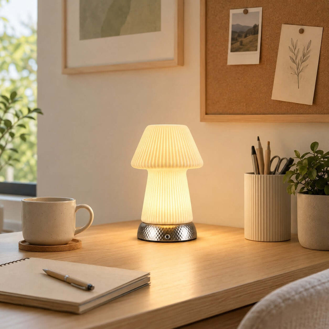 Cavori Rechargeable Ceramic Mushroom Table Lamp with Touch Dimmer