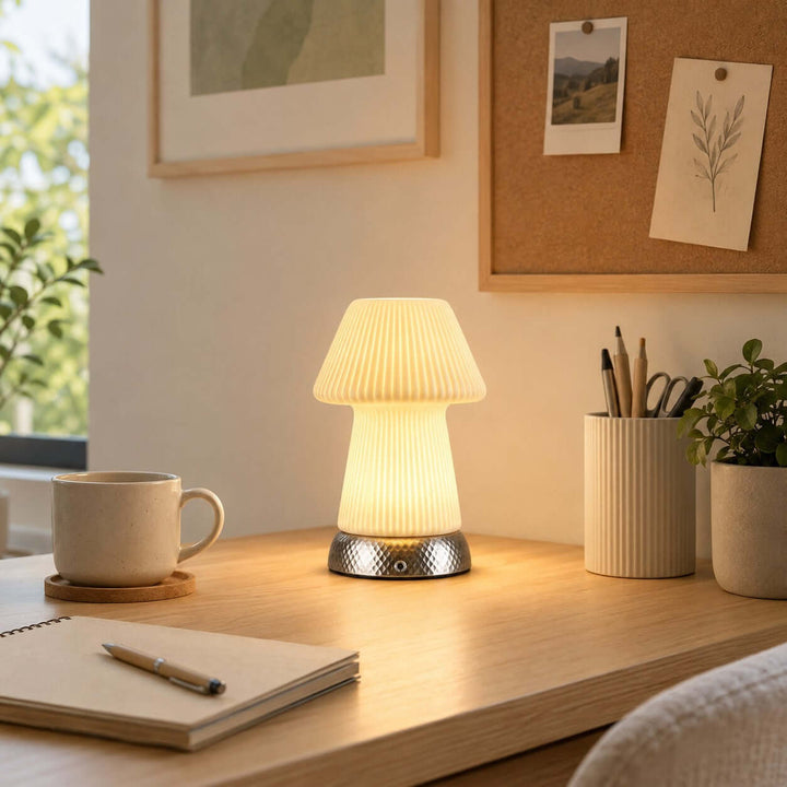 Cavori Rechargeable Ceramic Mushroom Table Lamp with Touch Dimmer