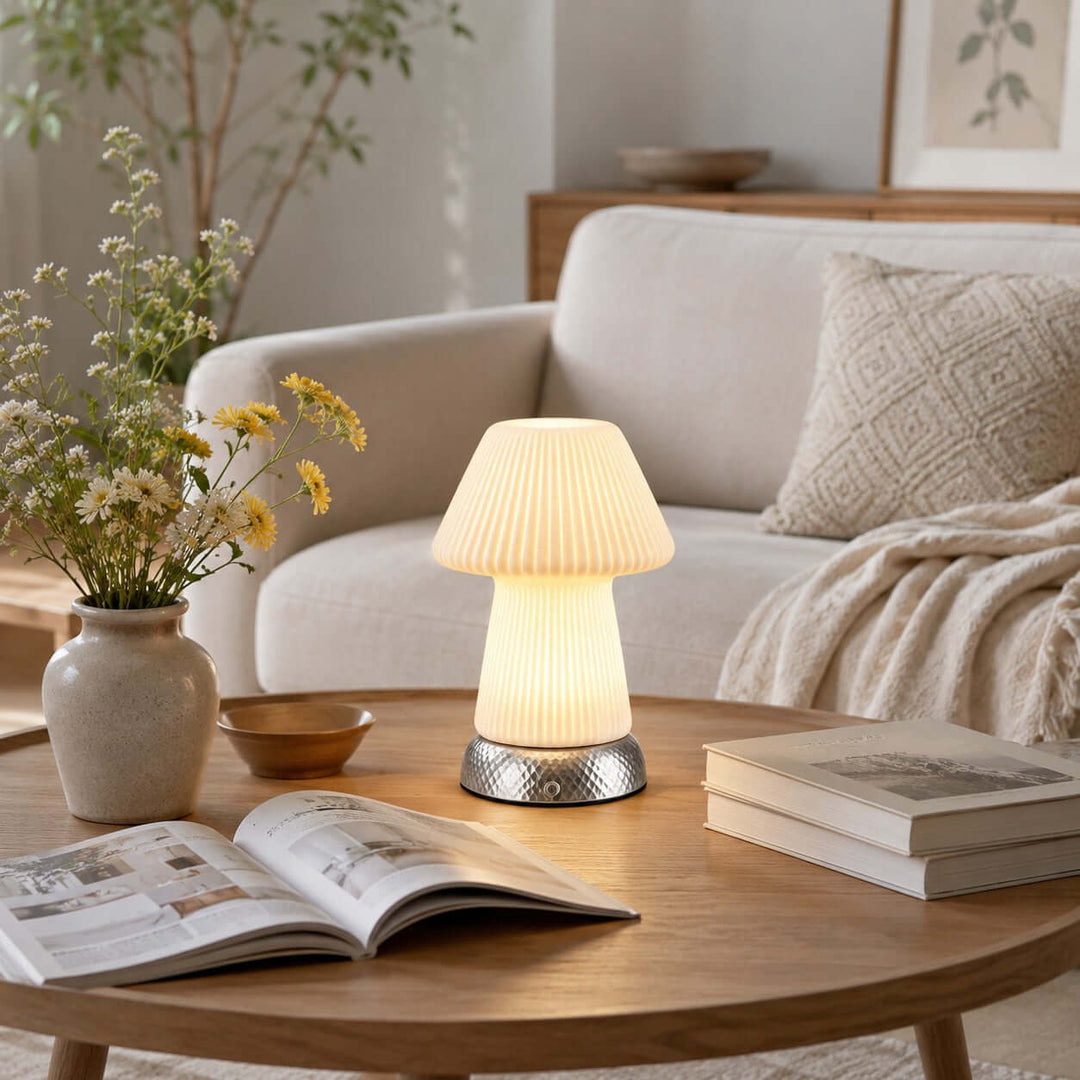 Cavori Rechargeable Ceramic Mushroom Table Lamp with Touch Dimmer