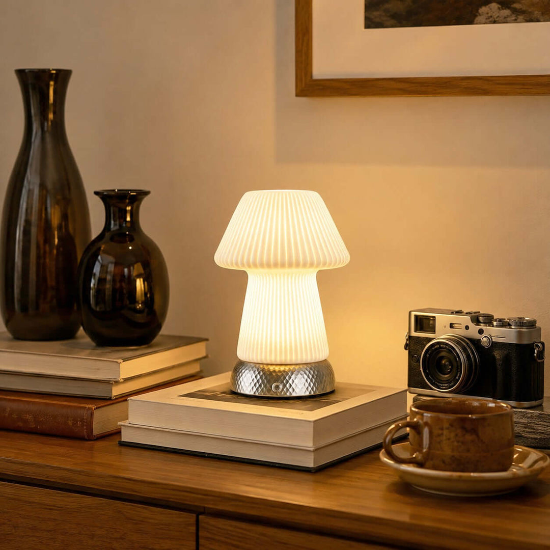 Cavori Rechargeable Ceramic Mushroom Table Lamp with Touch Dimmer