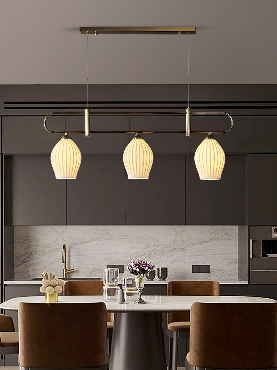 Ceramic Ribbed Linear Pendant Light | Chandelier over Kitchen Island | Vinlighting | Vinlighting