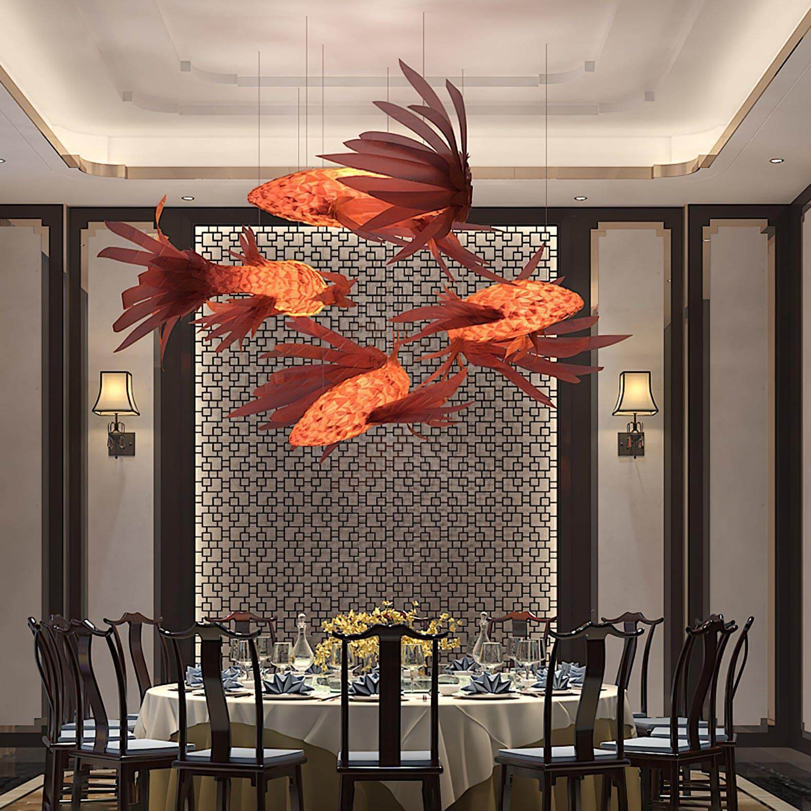 Crimson Swirl Koi Chandelier – Artistic Wooden Lighting Design
