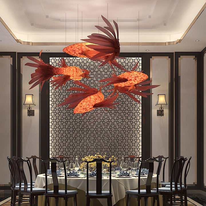 Crimson Swirl Koi Chandelier – Artistic Wooden Lighting Design | Vinlighting | Vinlighting