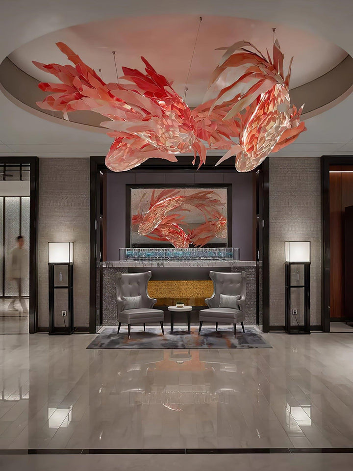 Crimson Swirl Koi Chandelier – Artistic Wooden Lighting Design | Vinlighting | Vinlighting